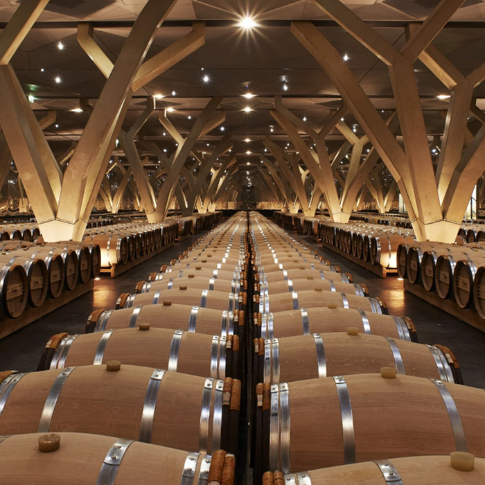 room of en primeur wine barrels