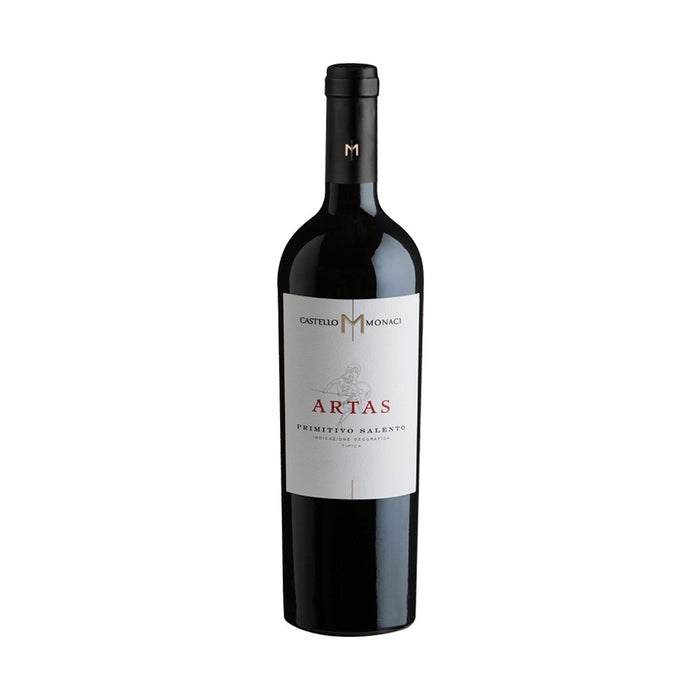 bottle of Castello Monaci Artas primitivo wine on white background.