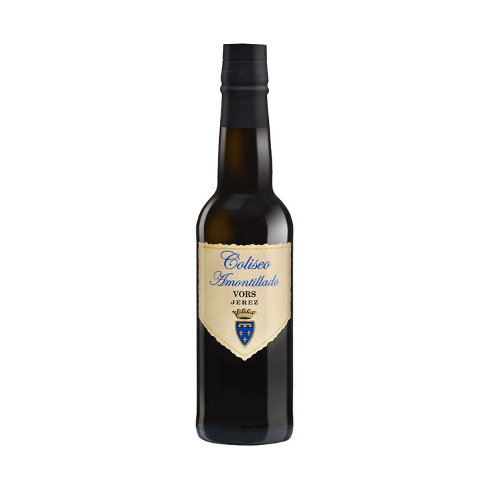 A small bottle of Cliseo Amontillado sherry fortified wine on a white background