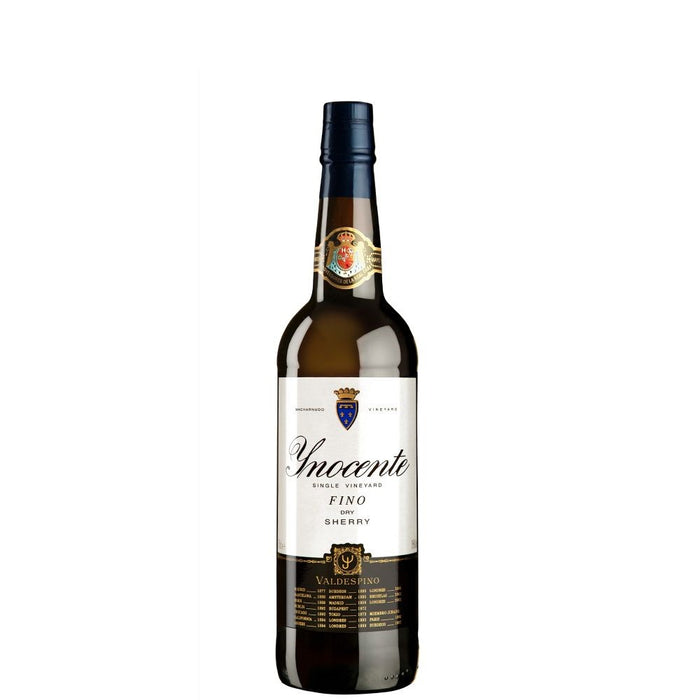 a bottle of valdespino fino inocente sherry on a white background