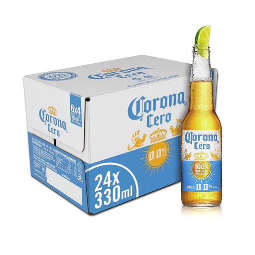 24 bottle case of corona cero beer on white background