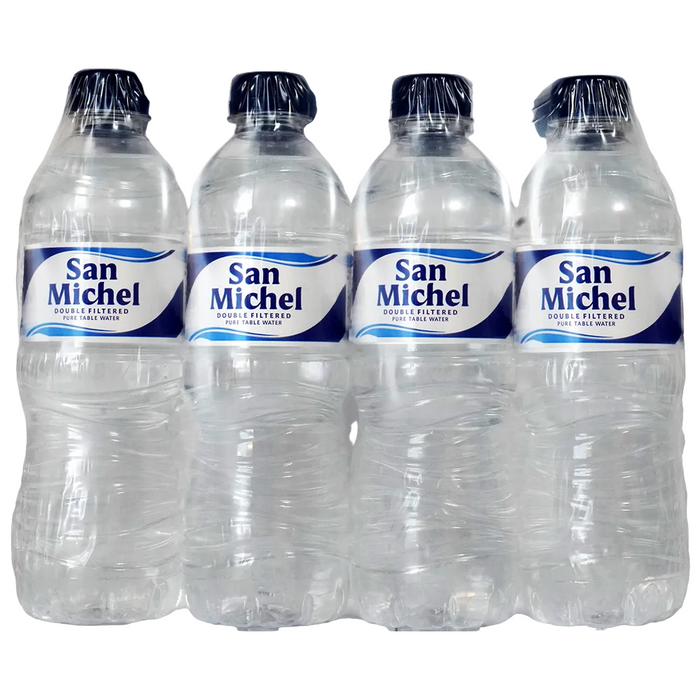San Michel Water 12 pack plastic bottles on white background 