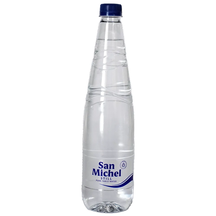 A clear plastic bottle of San Michel Still Pure Water with a dark blue cap and a white label with blue text, shown on a plain white background.