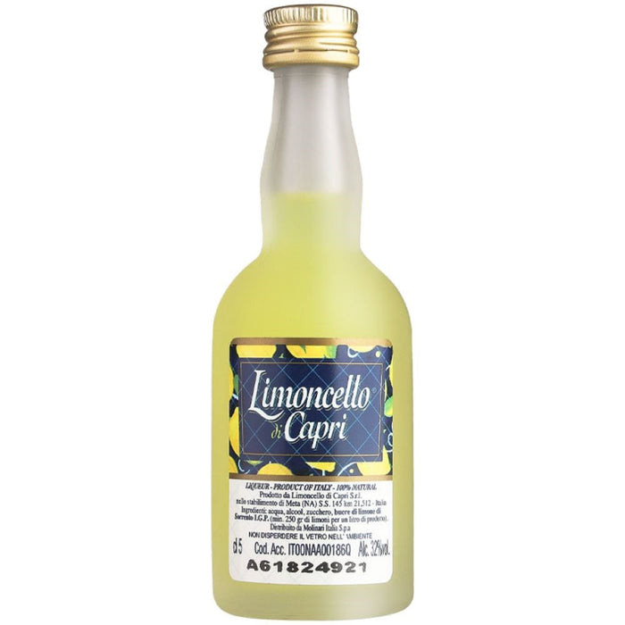 single serve bottle of limoncello di capri on white background