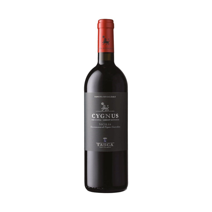 a bottle of Cygnus sicilian red wine from Tasca d'Almerita on a white background.