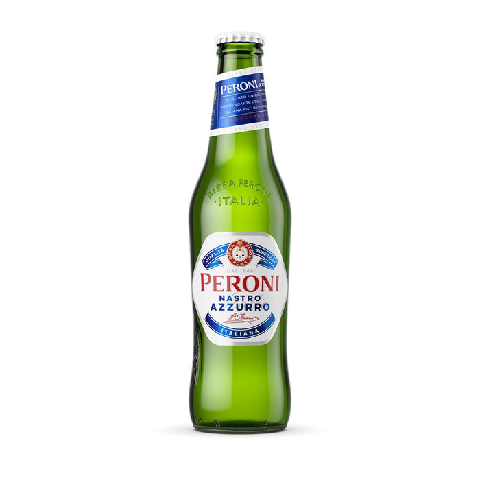 green glass bottle of peroni beer on white background