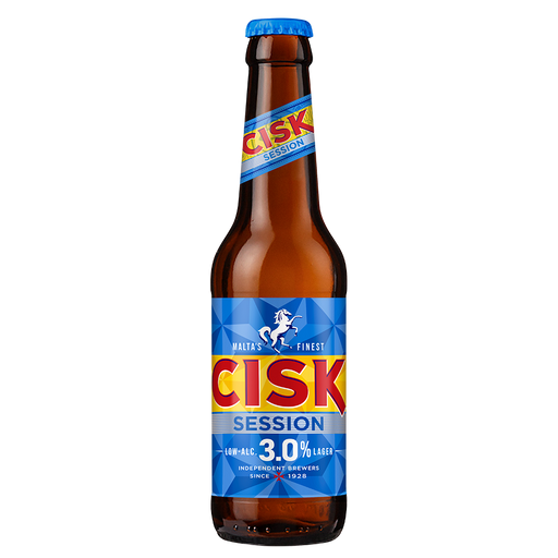 Cisk Session beer bottle with blue and red label on a white background