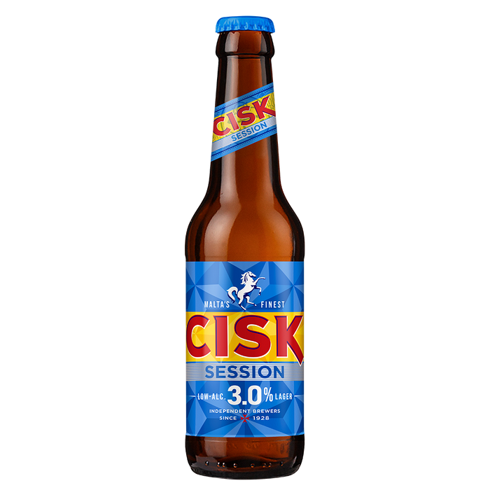 Cisk Session beer bottle with blue and red label on a white background