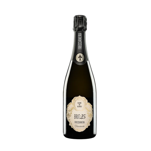bottle of Freccianera franciacorta wine on white background