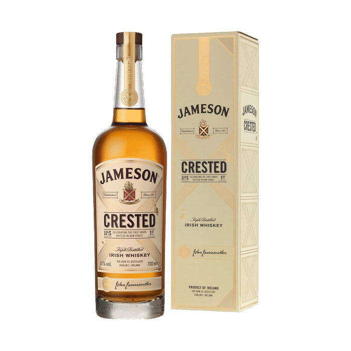 Jameson Crested Irish Whiskey bottle and packaging on a white background