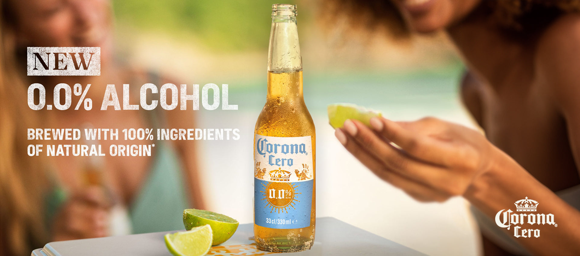 bottle of Coroa Cero Beer  Malta with a beach background