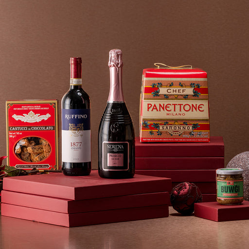 a bottle of prosecco and red wine accompanied by chocolate cantuccini biscotti and a jar of Buwgi