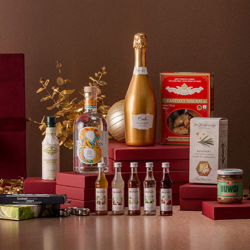 display of monin syrup set prosecco and gin