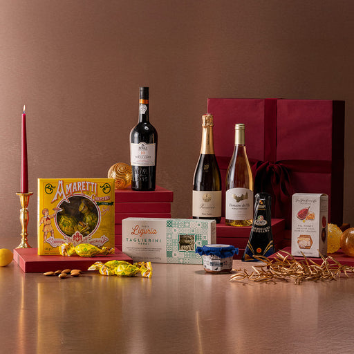 Christmas gift hamper with sparkling and sweet wine