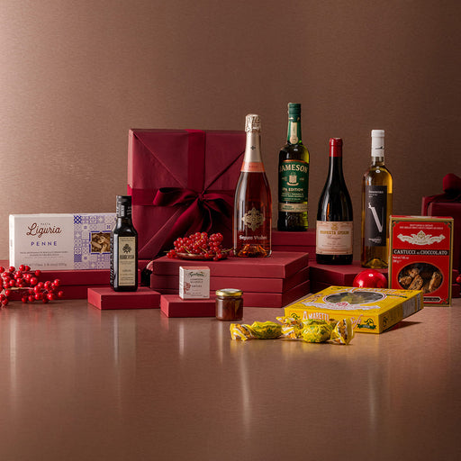 Mixed christmas hamper with food and whisky