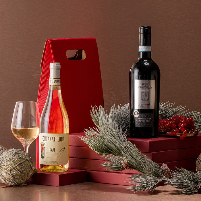 Two italian wine bottles and a glass on a brown background with decorative elements.
