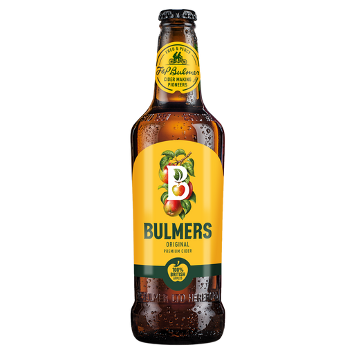 Bulmers cider bottle with yellow label on a white background