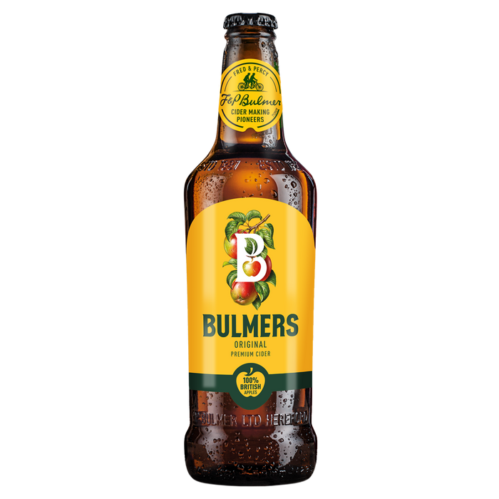 Bulmers cider bottle with yellow label on a white background