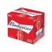 6 pack box of budwesier beer on white background.