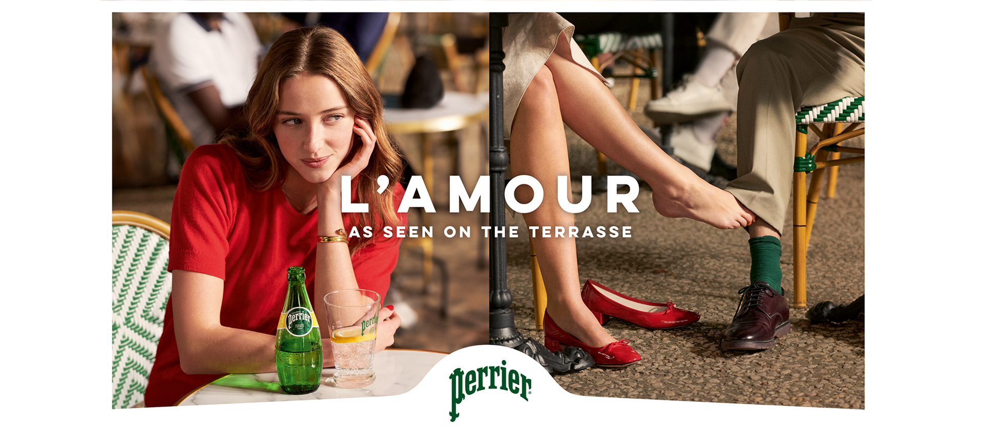 a young lady sat at a cafe drinking Perrier sparkling water.